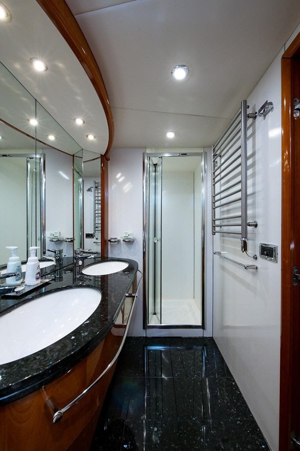 a bathroom with a sink and a shower aboard 82 SUNSEEKER MANHATTAN  Yacht for Sale