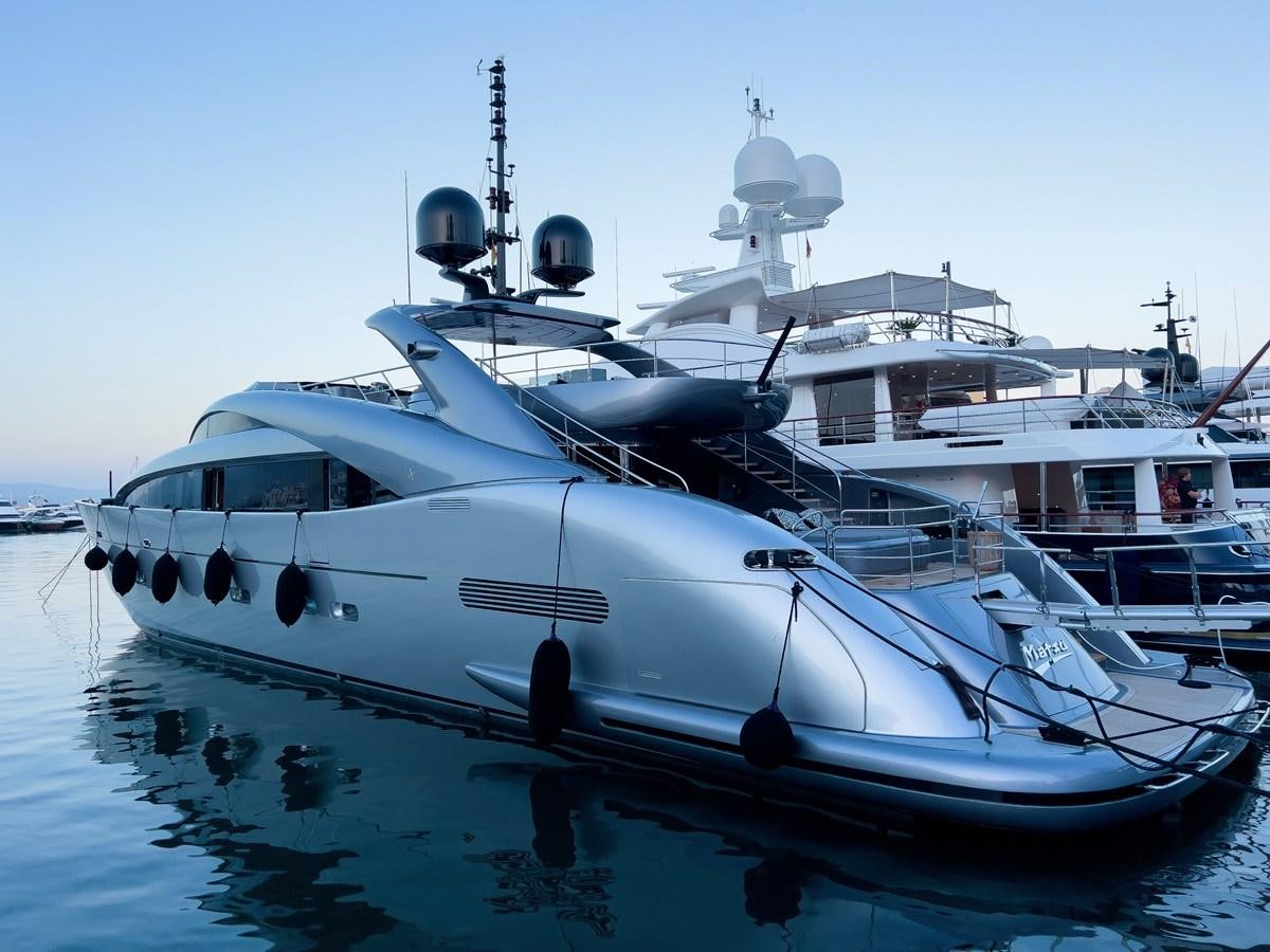 a white yacht in the water aboard MATSU Yacht for Sale