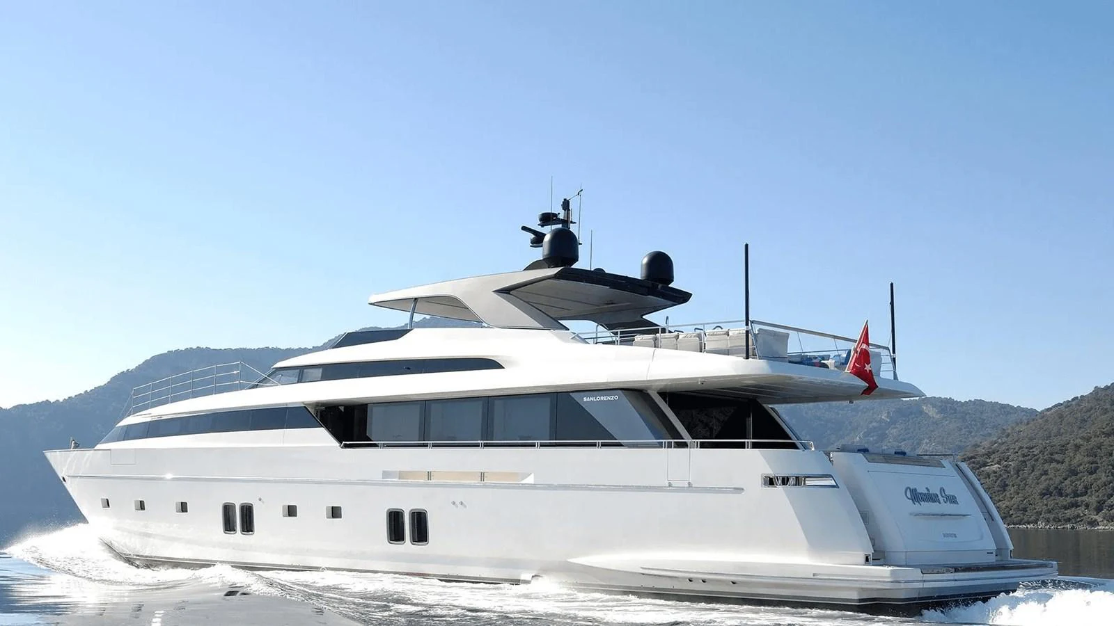 a white yacht on a snowy mountain aboard 2018 SANLORENZO SL118 #614 Yacht for Sale