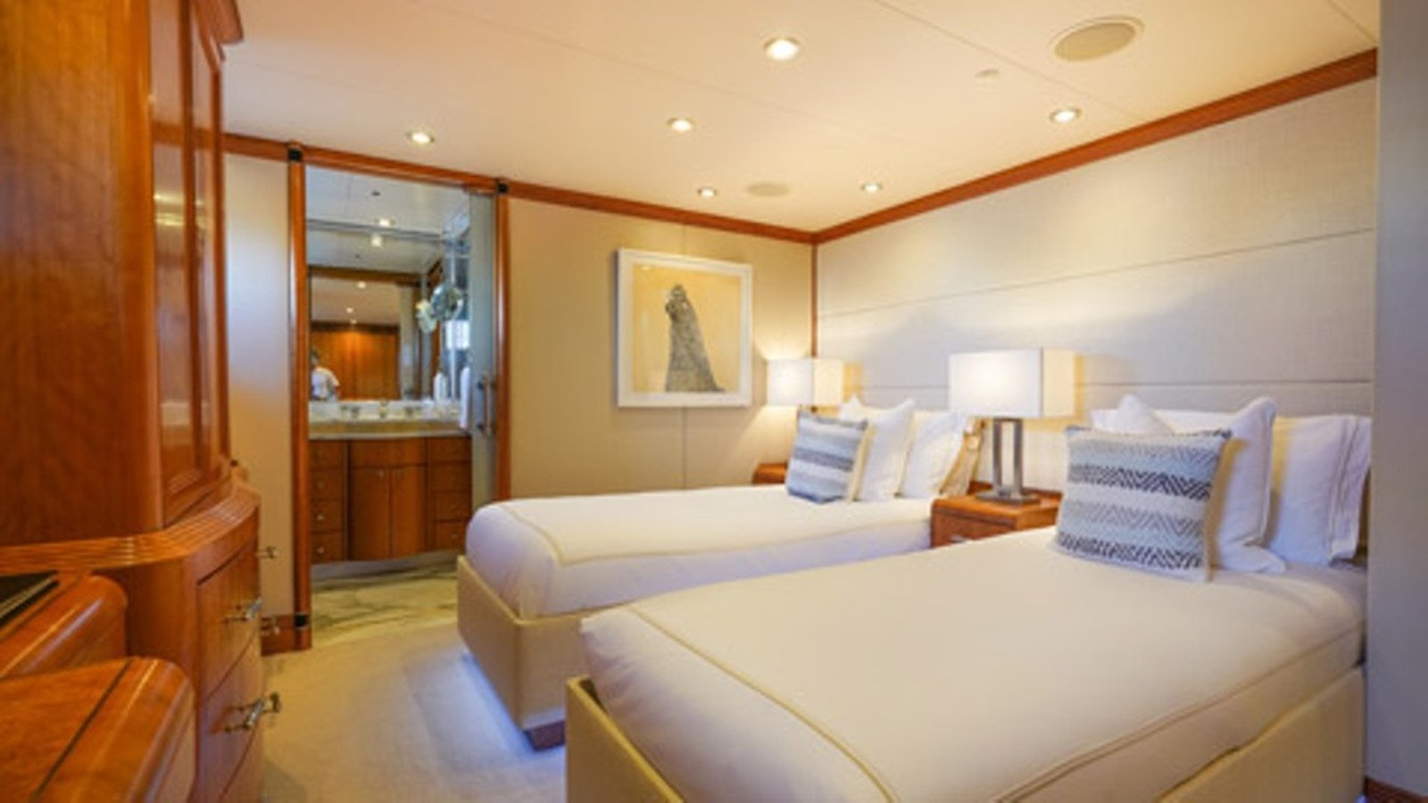 a room with two beds aboard SEA CLASS Yacht for Sale