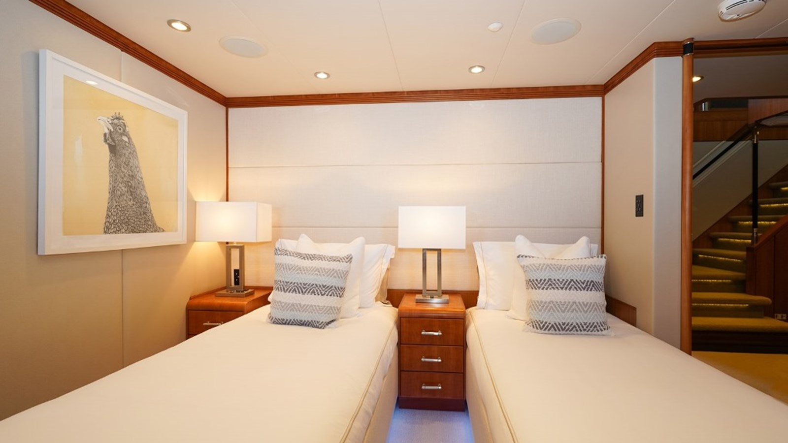 a room with two beds aboard SEA CLASS Yacht for Sale