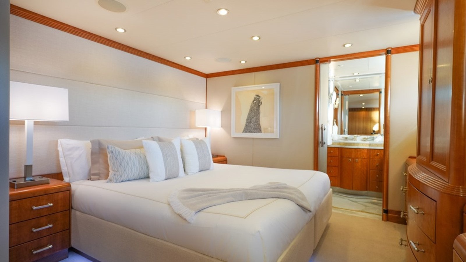 a bedroom with two beds aboard SEA CLASS Yacht for Sale