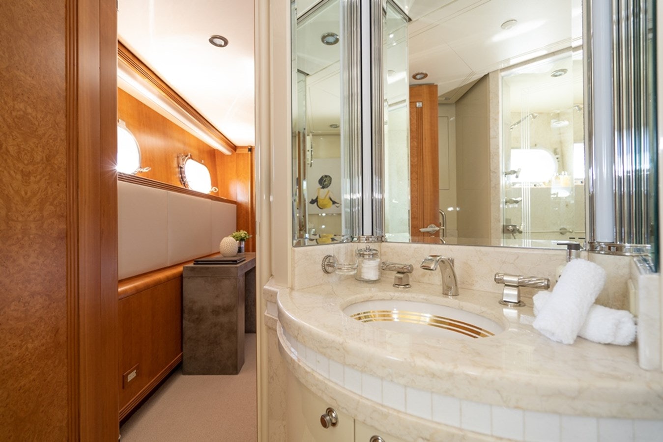 a bathroom with a large mirror aboard SEA CLASS Yacht for Sale