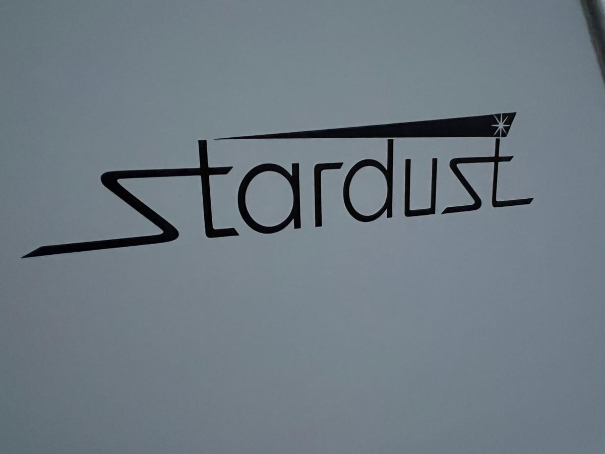 a black sign with black text aboard 2007 STARDUST 19 X 86WB NLCG Yacht for Sale