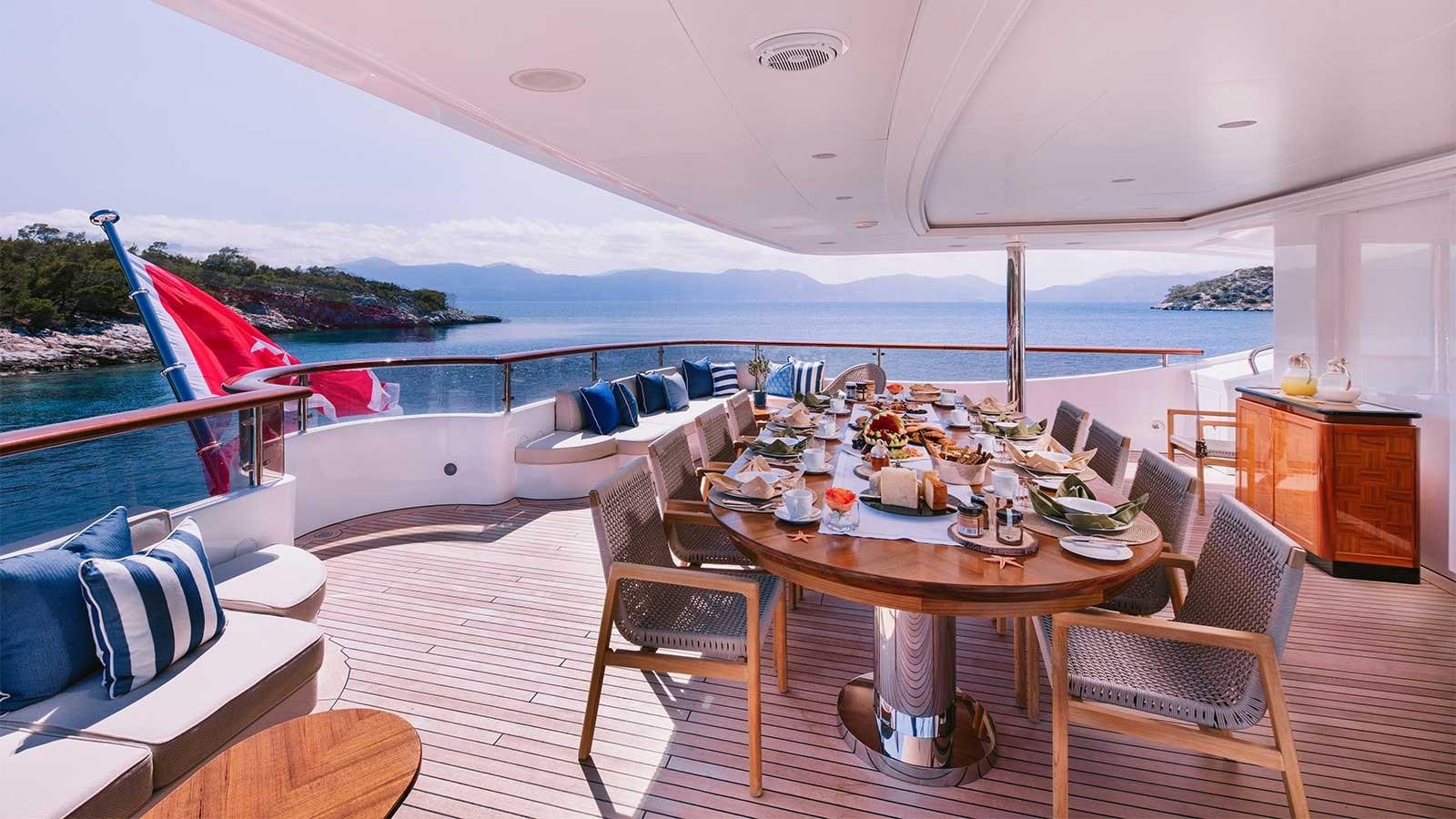 a table on a deck aboard IDYLLIC Yacht for Charter