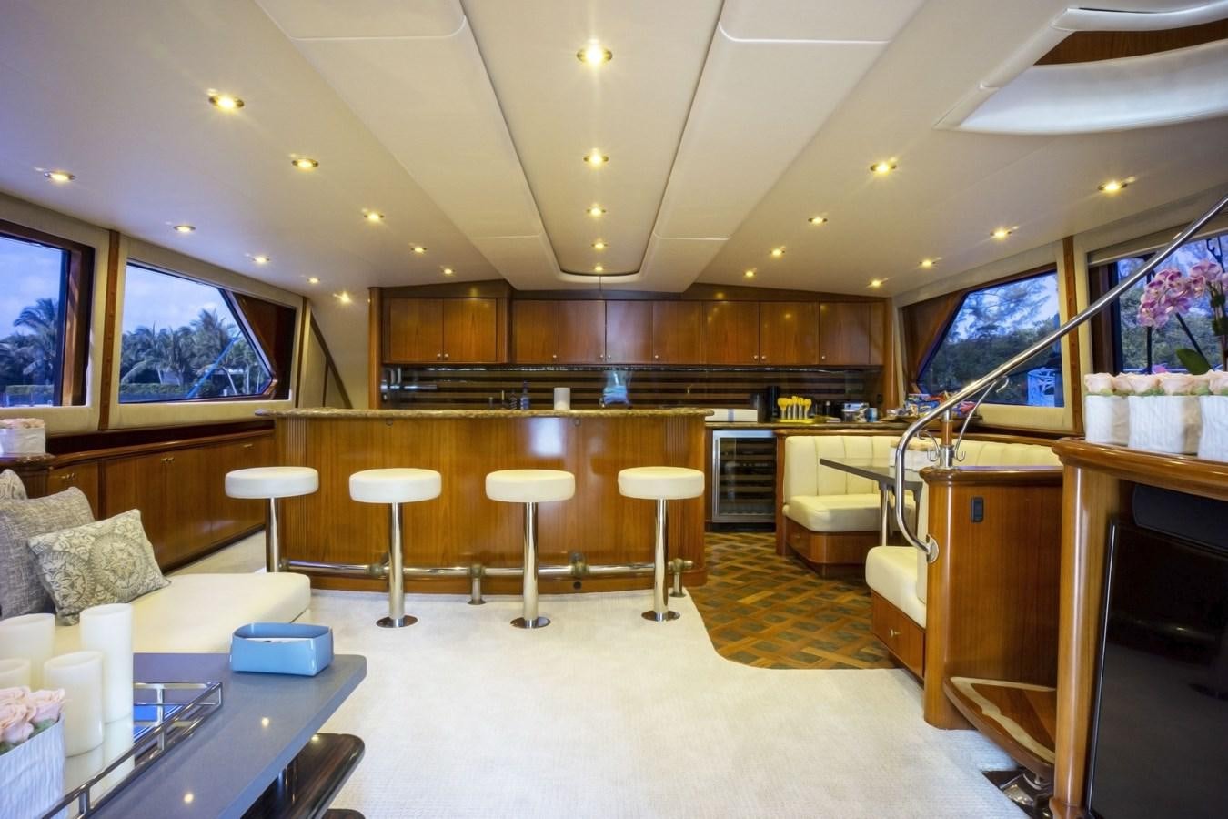 a room with a piano and stools aboard REEL DEAL Yacht for Sale