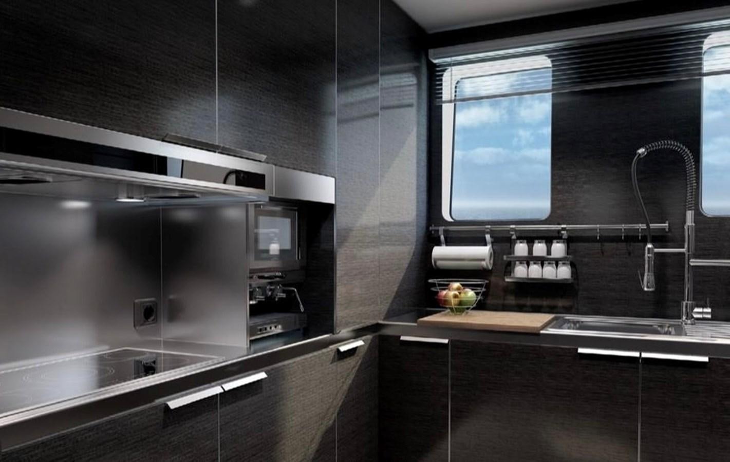 a kitchen with a large window aboard  ILC Yacht for Sale
