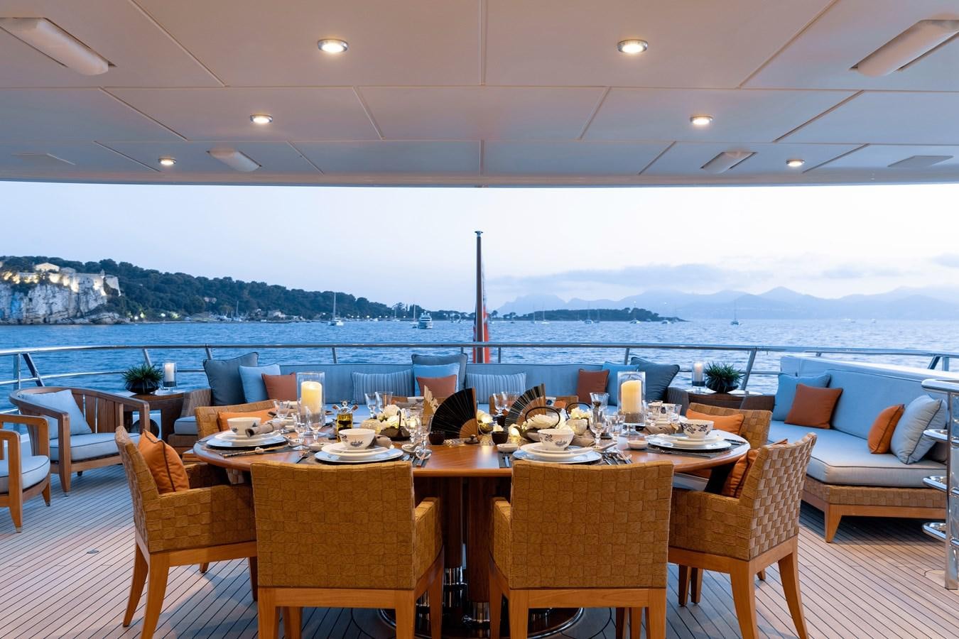 a table set for a meal aboard LIND Yacht for Sale
