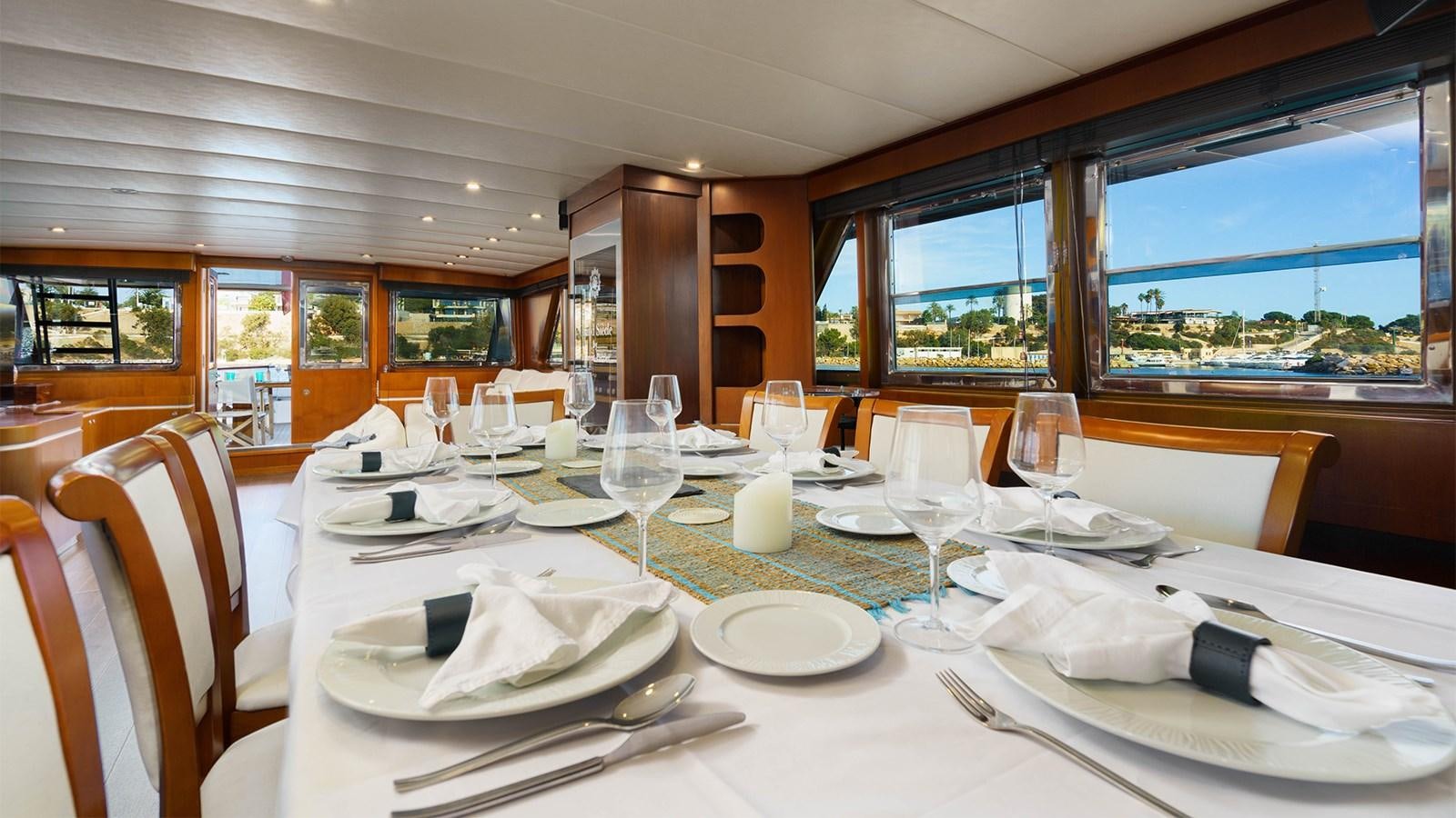 a table set with plates and glasses aboard SPIRIT OF MK Yacht for Charter