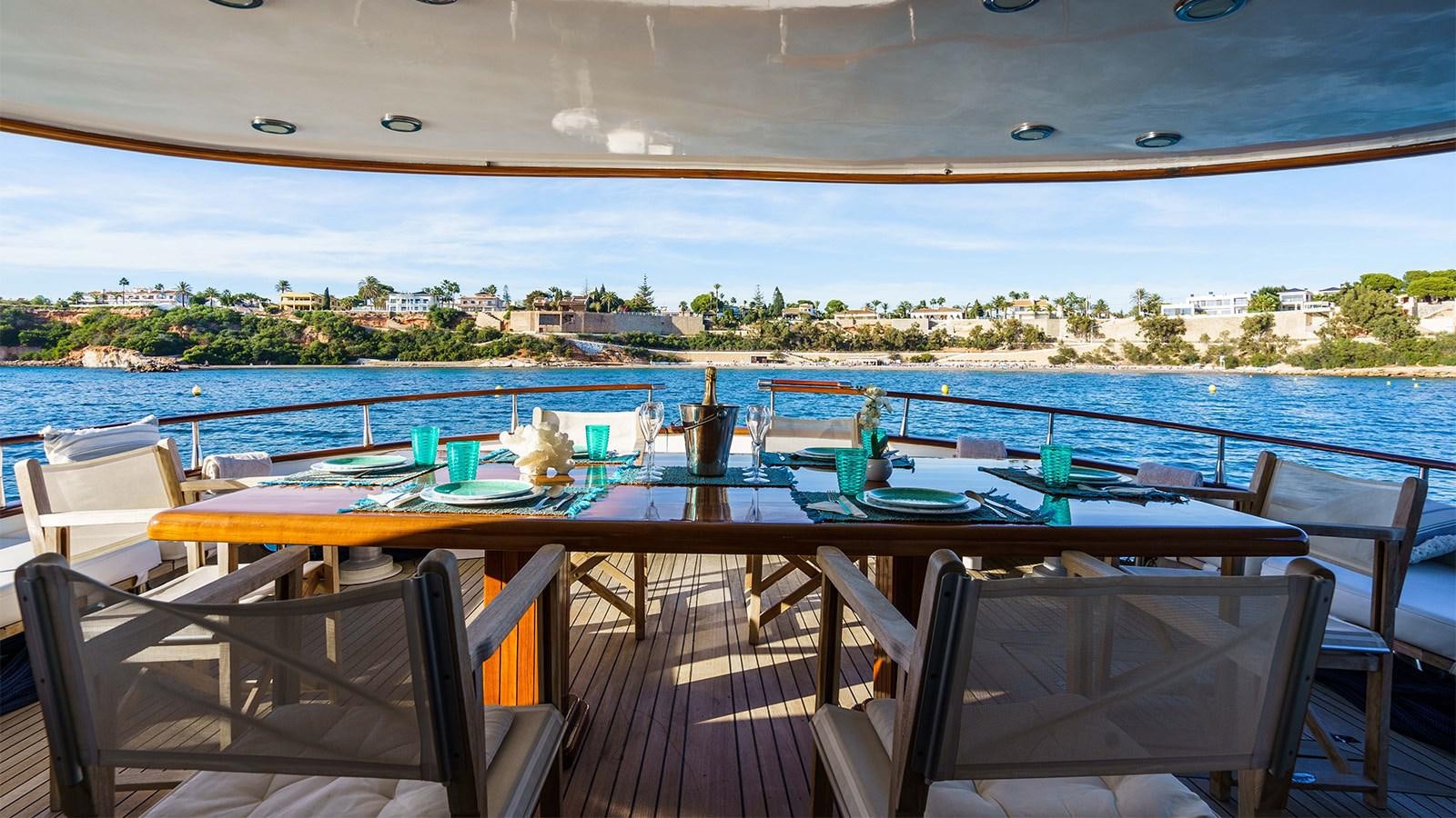 a table set for a meal on a deck overlooking a body of water aboard SPIRIT OF MK Yacht for Sale