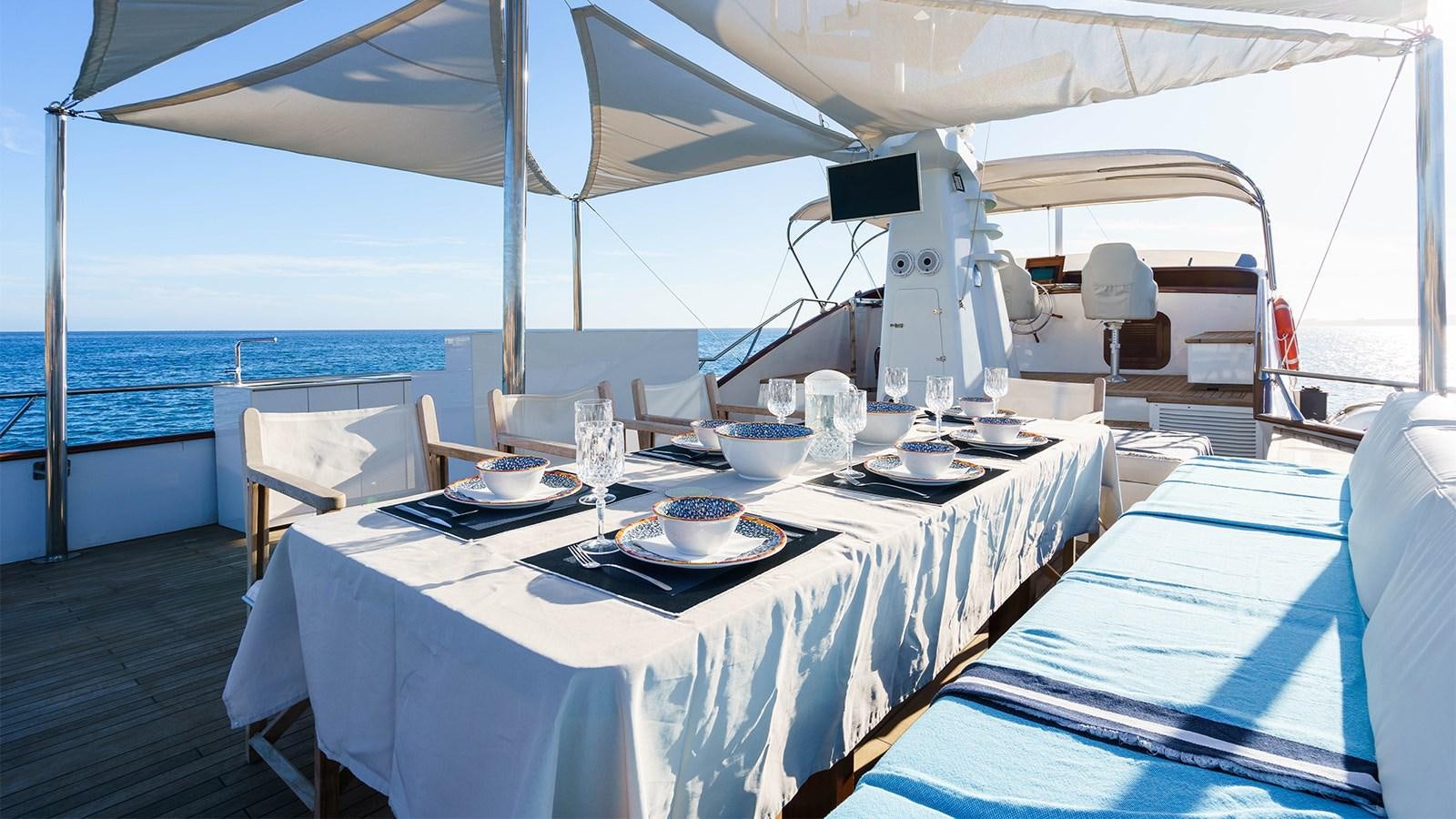 a table set for a meal on a boat aboard SPIRIT OF MK Yacht for Sale