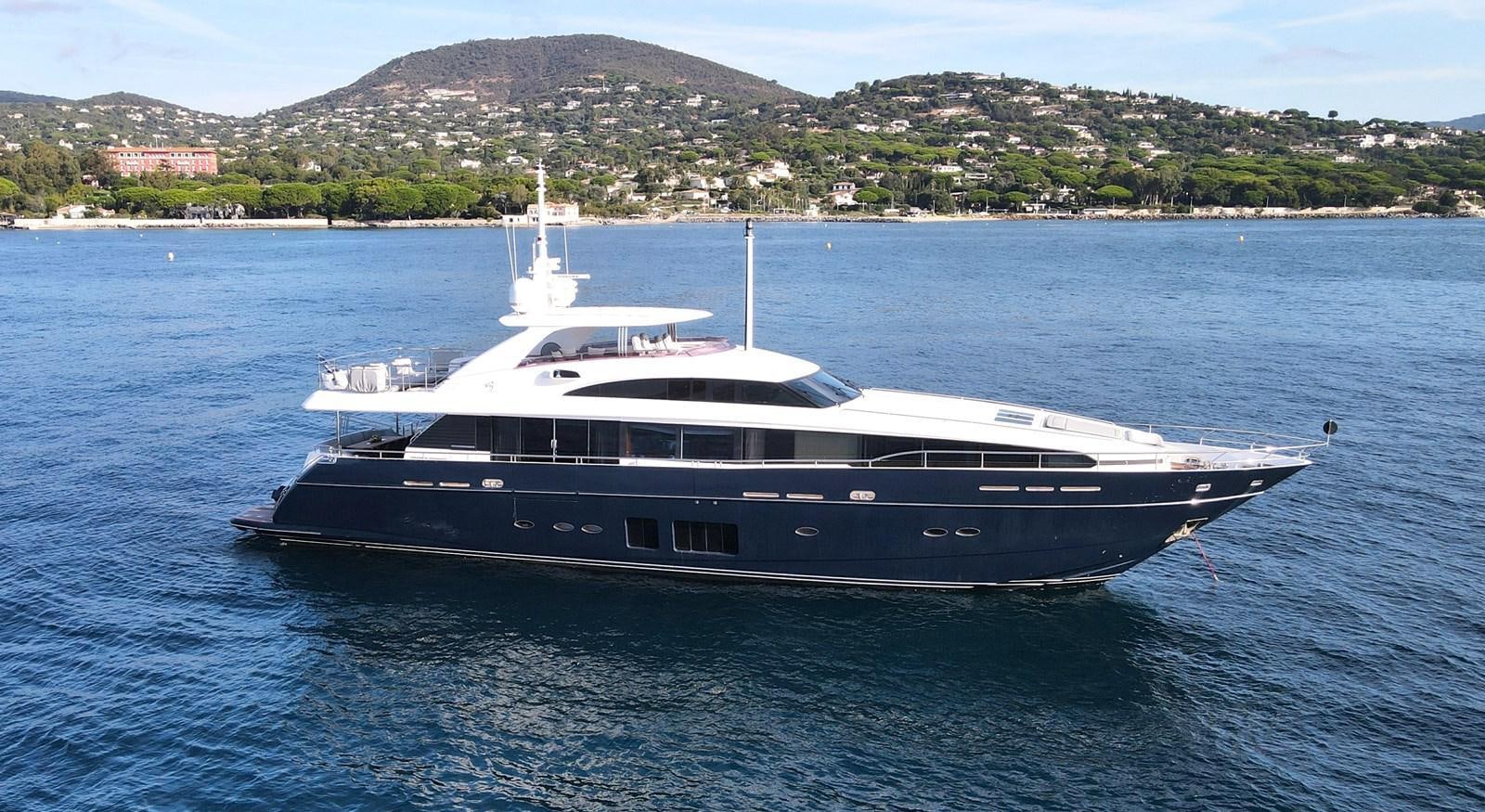 a large boat in the water aboard FLY Yacht for Sale