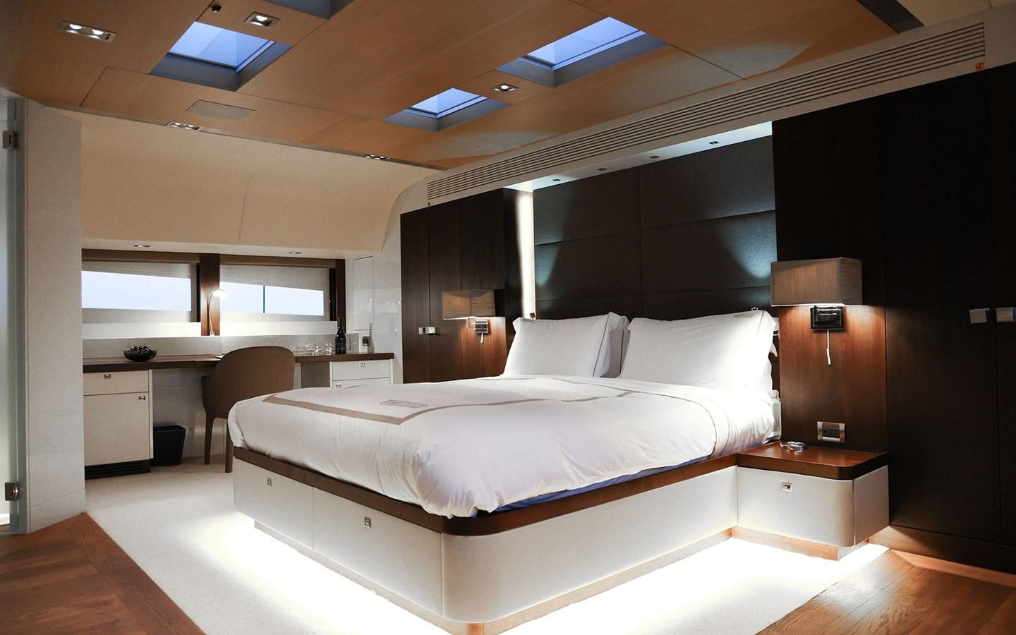 a large bed in a room aboard FUNKY CHOICE Yacht for Sale