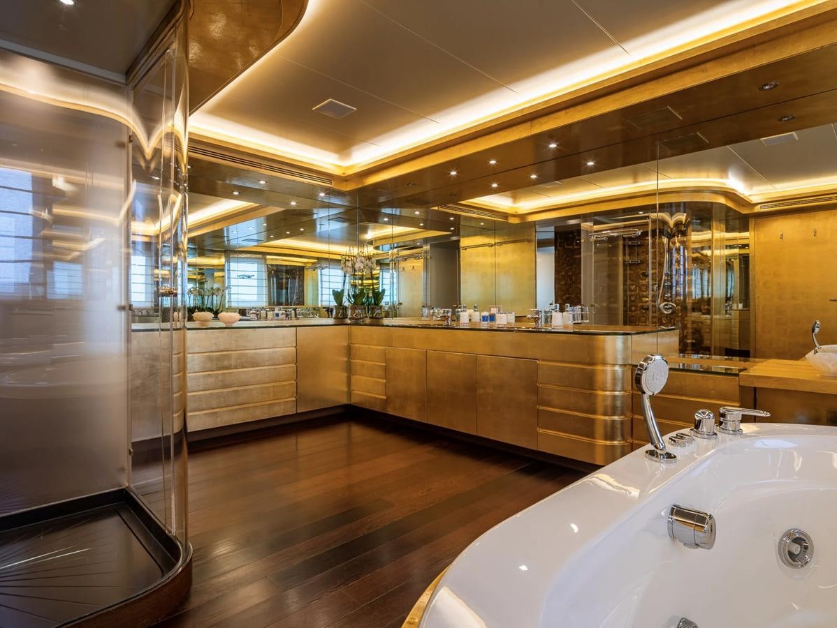a large kitchen with a large glass wall aboard MONEIKOS Yacht for Sale