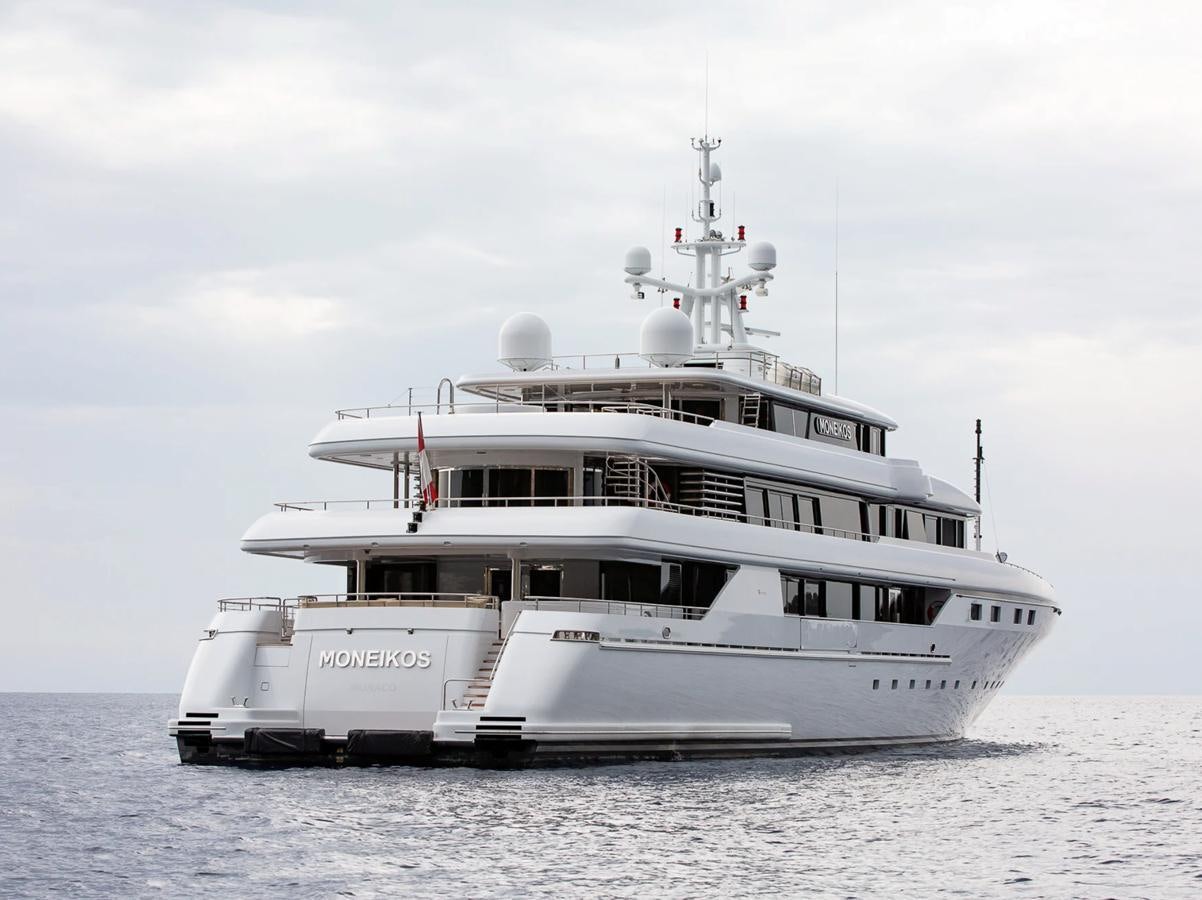 a large white ship aboard MONEIKOS Yacht for Sale