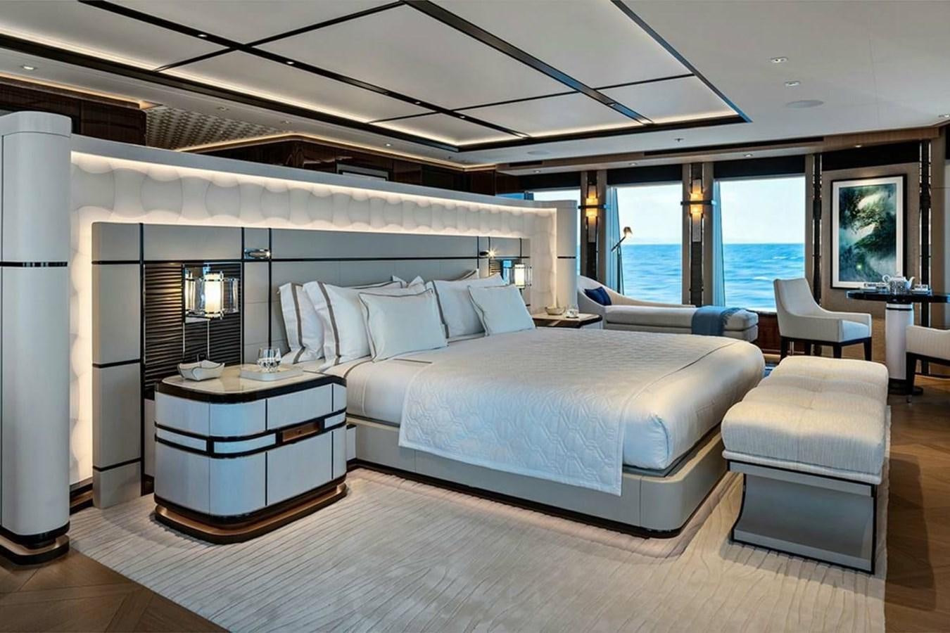 a large bedroom with a large bed aboard LUSINE Yacht for Sale