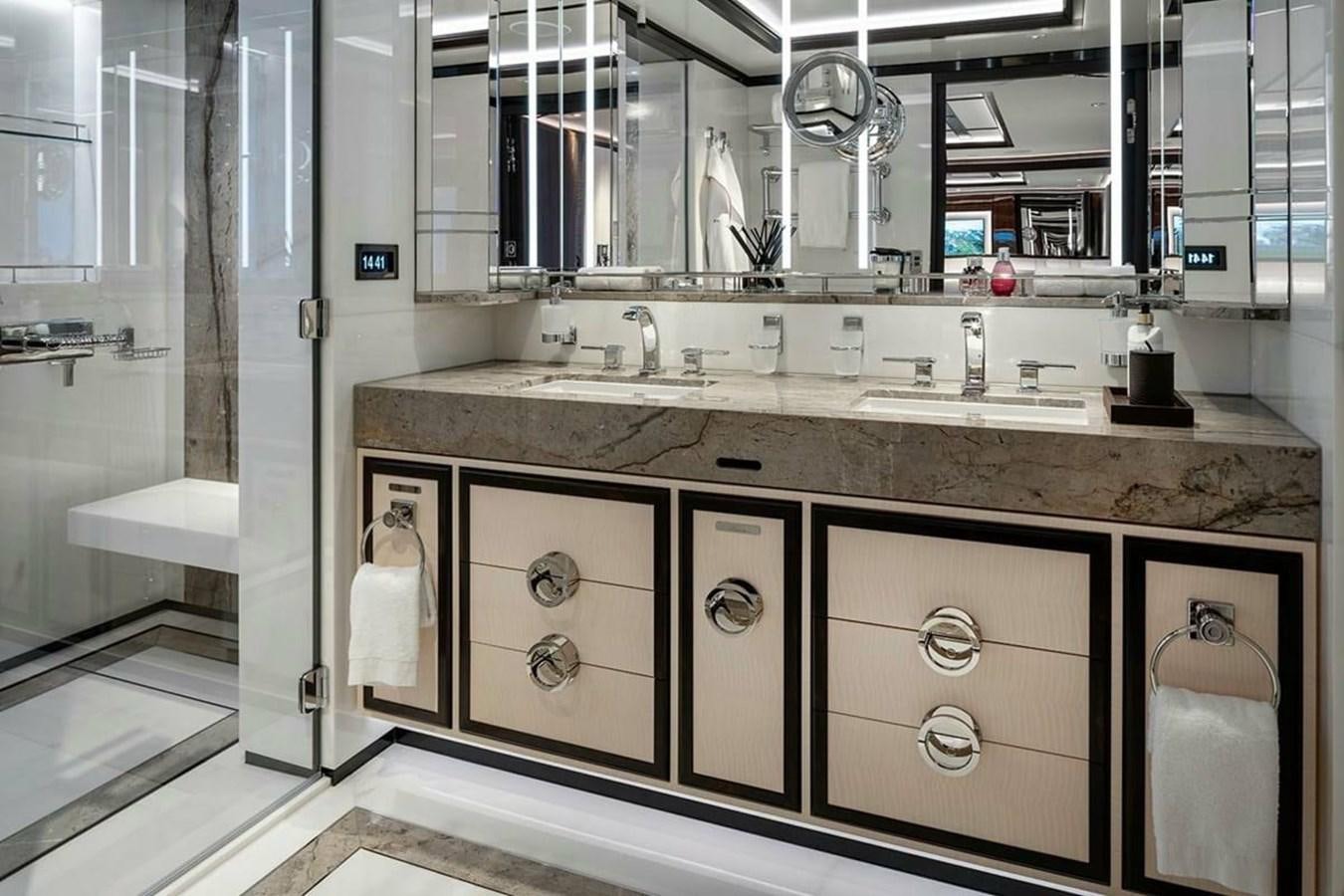 a bathroom with a large countertop aboard LUSINE Yacht for Sale