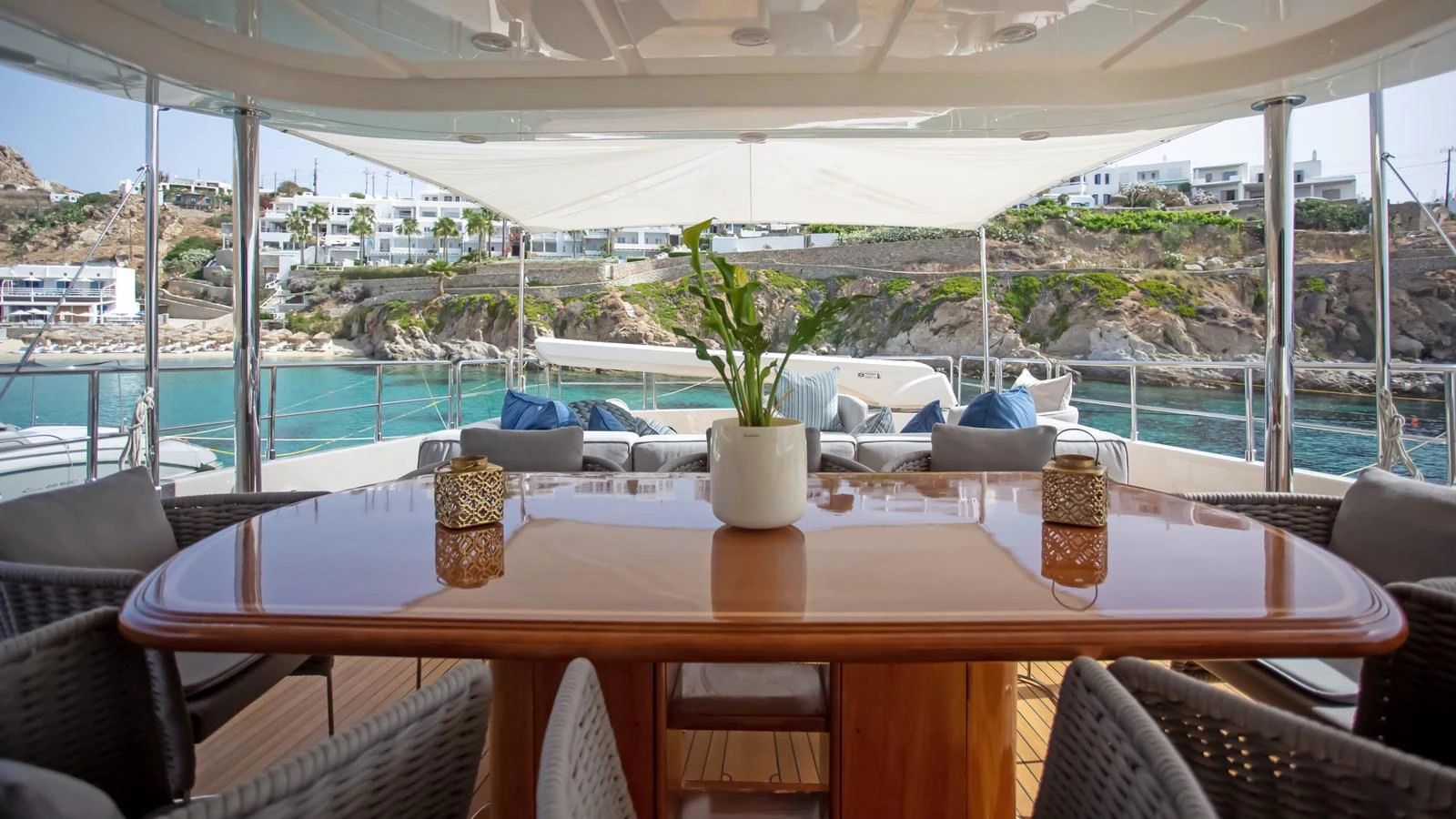 a table with drinks on it aboard HAG Yacht for Sale