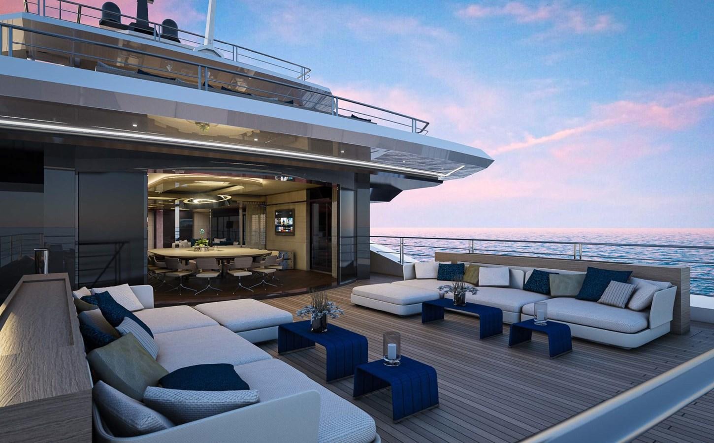 a large modern living room with a large balcony overlooking the ocean aboard ICE 68 Yacht for Sale