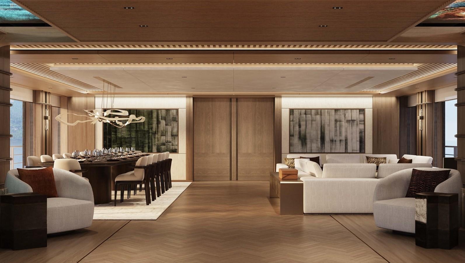 a large room with a couch and a table aboard ICE 68 Yacht for Sale