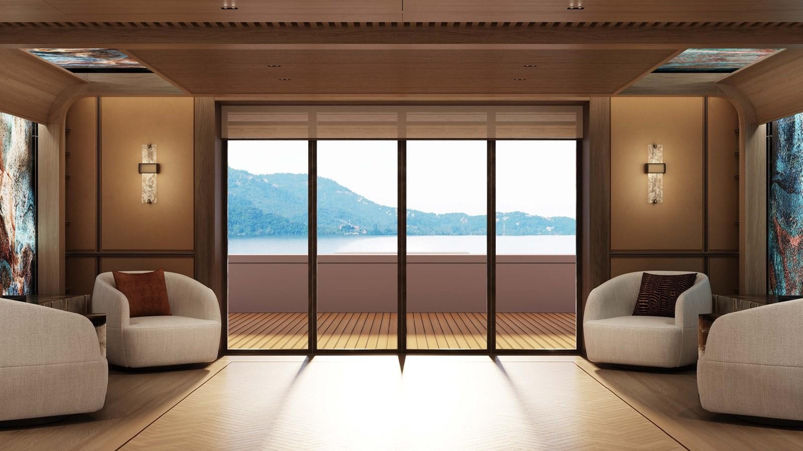 a living room with a large window aboard ICE 68 Yacht for Sale