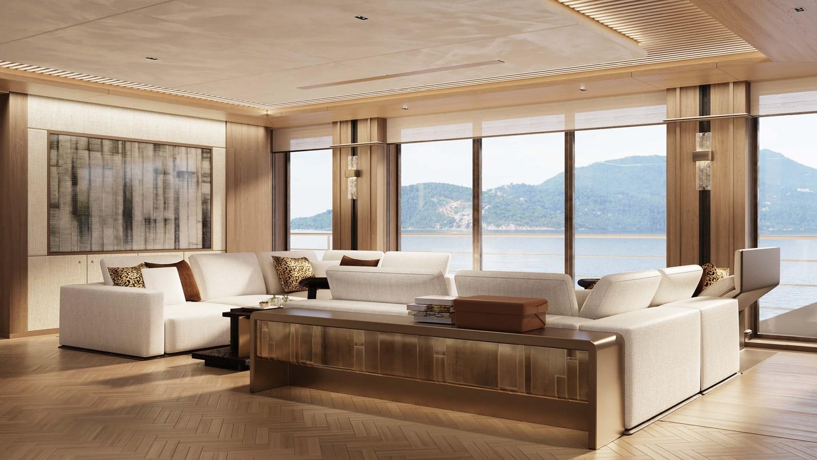 a living room with a large window aboard ICE 68 Yacht for Sale