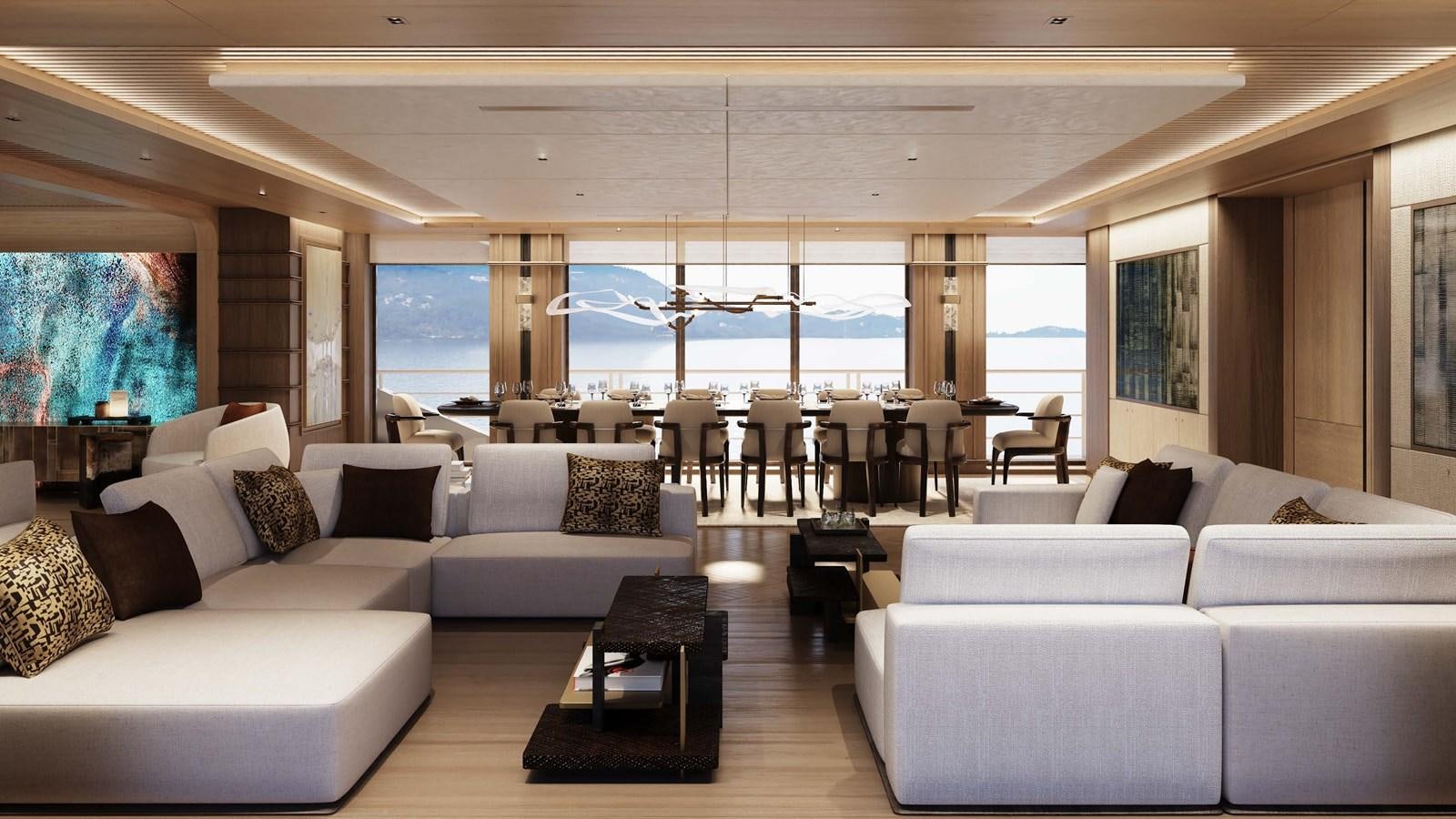 a living room with a large window aboard ICE 68 Yacht for Sale