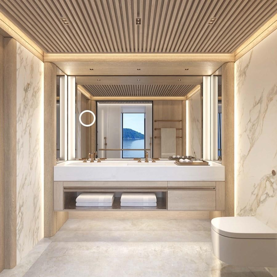 a bathroom with a large mirror aboard ICE 68 Yacht for Sale