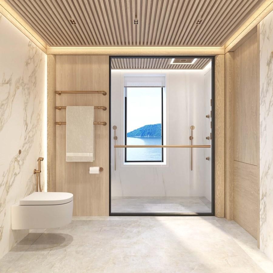 a bathroom with a glass door aboard ICE 68 Yacht for Sale