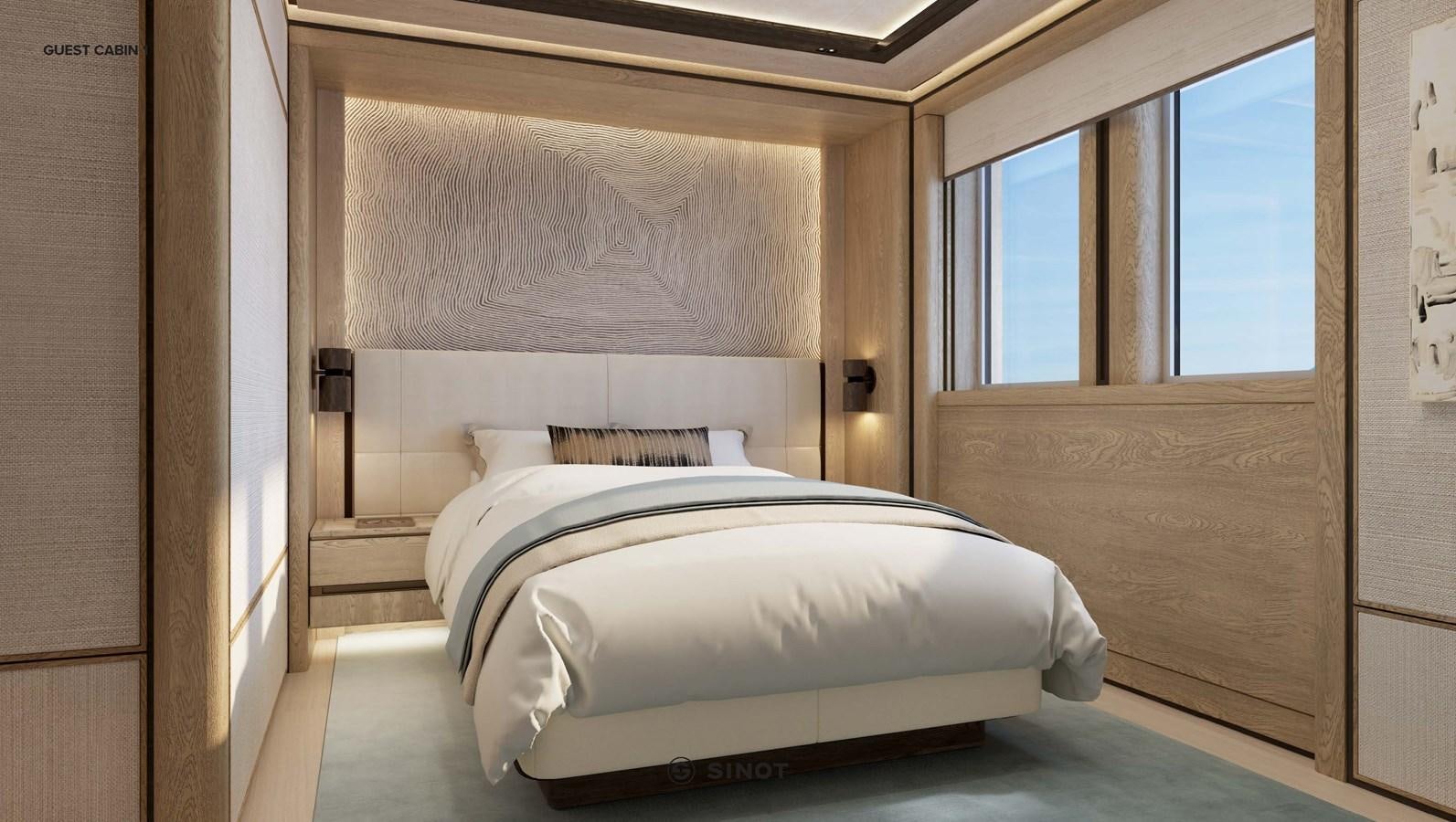 a room with a bed and a window aboard ICE 68 Yacht for Sale