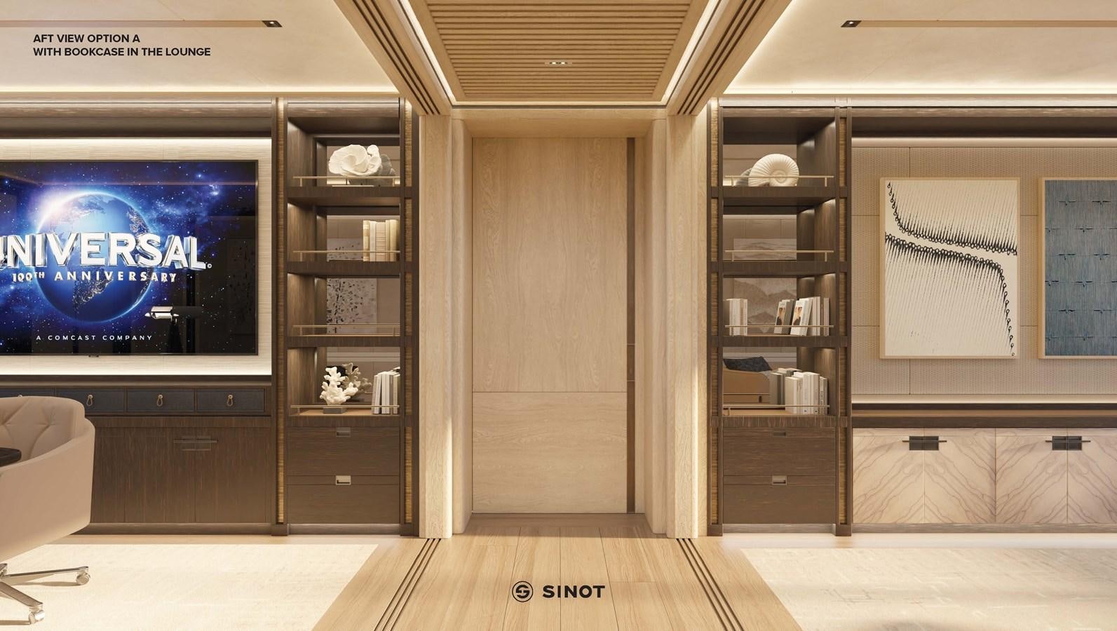 a room with shelves and a television aboard ICE 68 Yacht for Sale