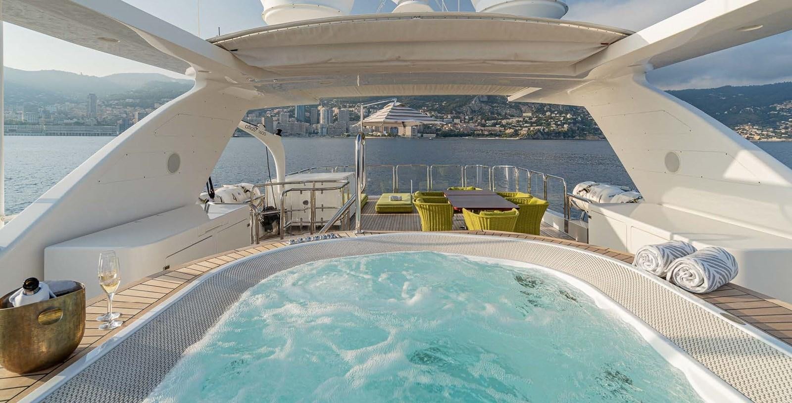 a large cruise ship with a large pool of water and boats on it aboard EDESIA Yacht for Charter