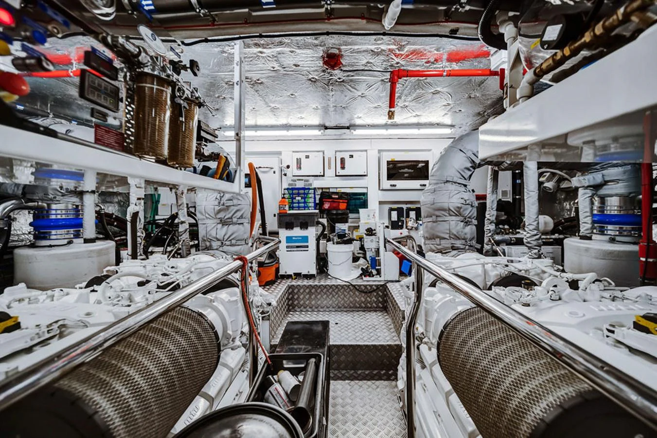 The engine room showcases a meticulously organized and high-tech setup, ensuring optimal performance and reliability. aboard SUNSEEKER Yacht for Sale
