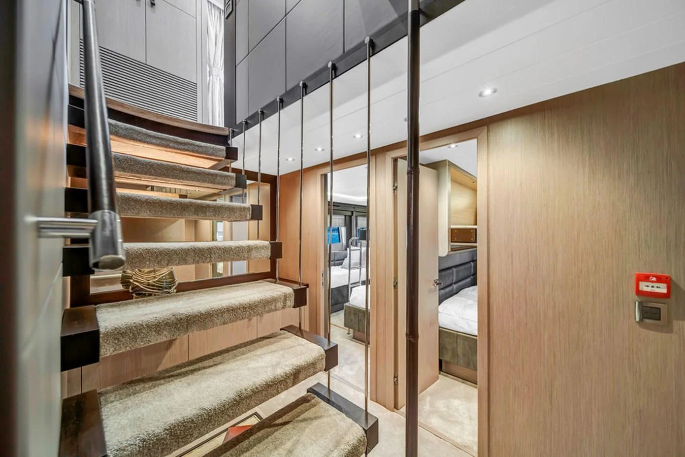 A modern staircase leads to the luxurious cabins below deck. aboard SUNSEEKER Yacht for Sale