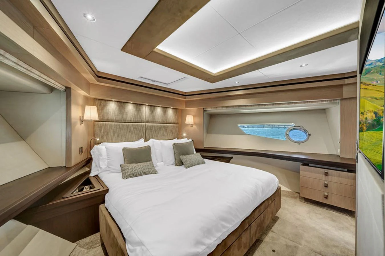 The master stateroom features a luxurious bed and elegant decor, providing a serene retreat. aboard SUNSEEKER Yacht for Sale