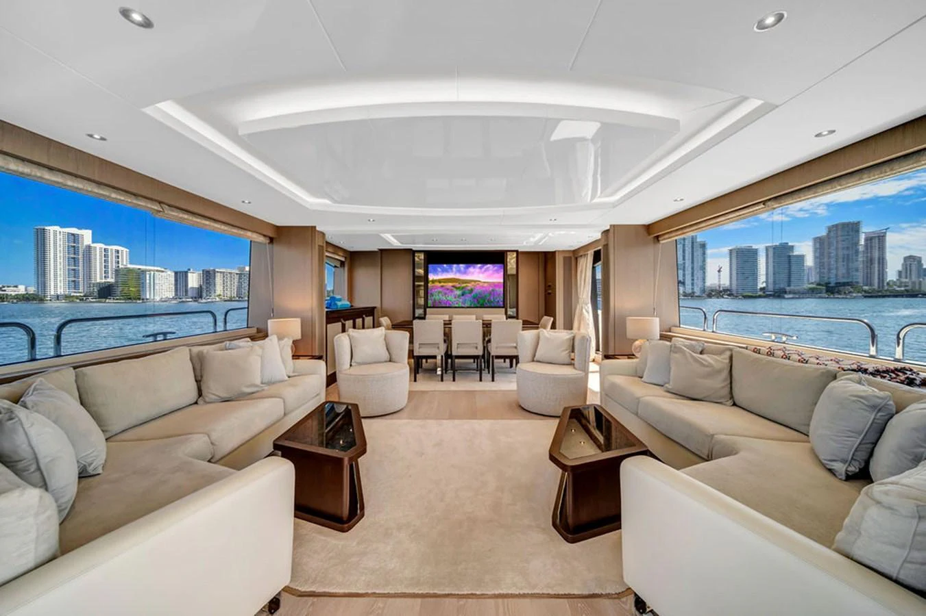 The spacious salon offers luxurious seating with panoramic views of the surrounding waters. aboard SUNSEEKER Yacht for Sale
