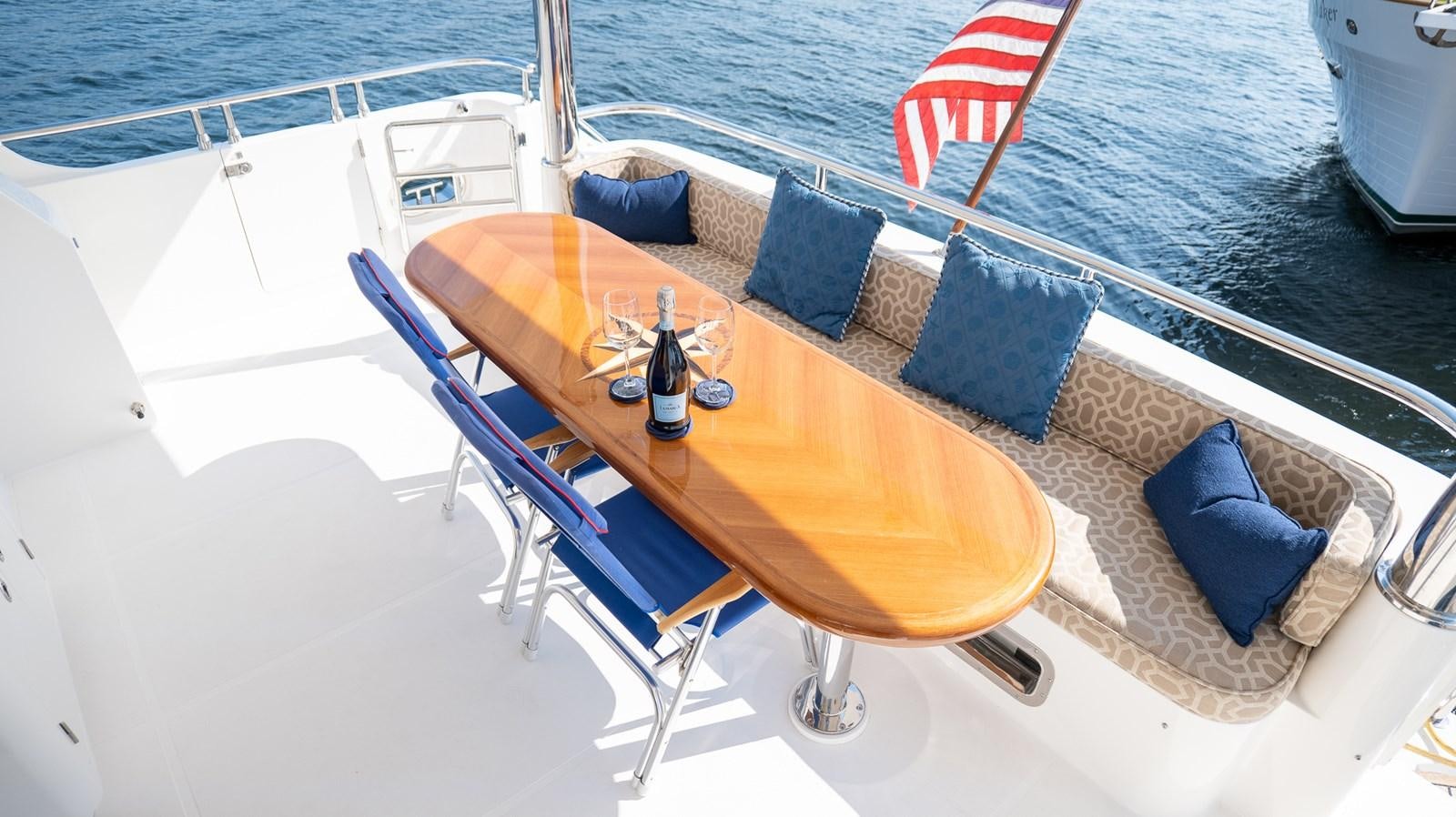 a boat with a table and chairs on it aboard SEA CZAR Yacht for Sale