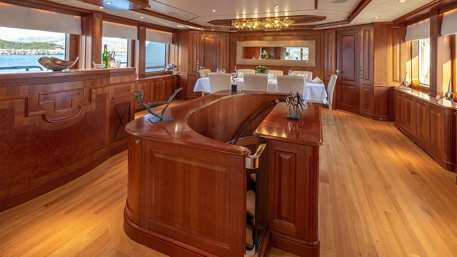 a kitchen with a large island aboard RIVA I Yacht for Sale