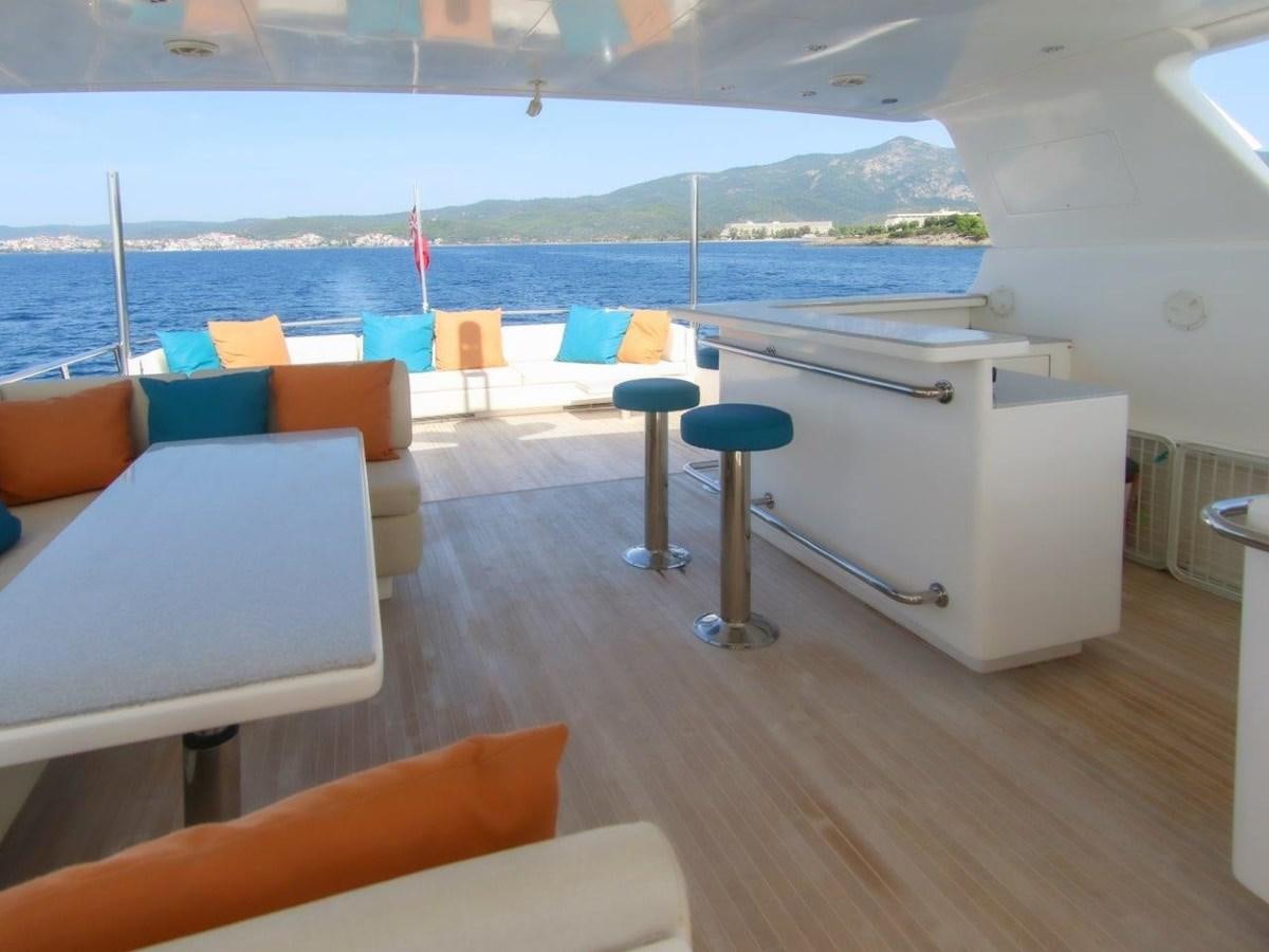 a room with tables and chairs aboard POCO LOCO Yacht for Sale