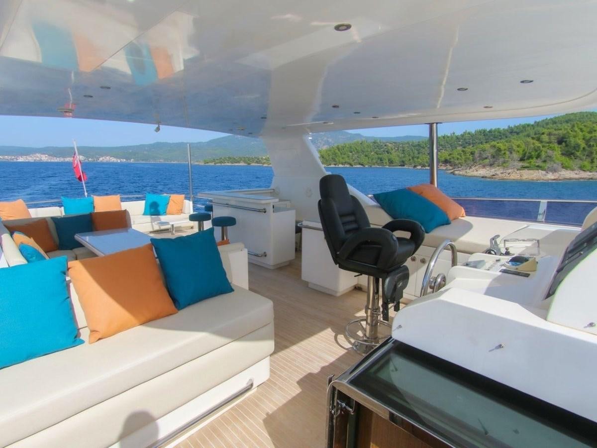 a boat with a chair and a table and chairs on it aboard POCO LOCO Yacht for Sale