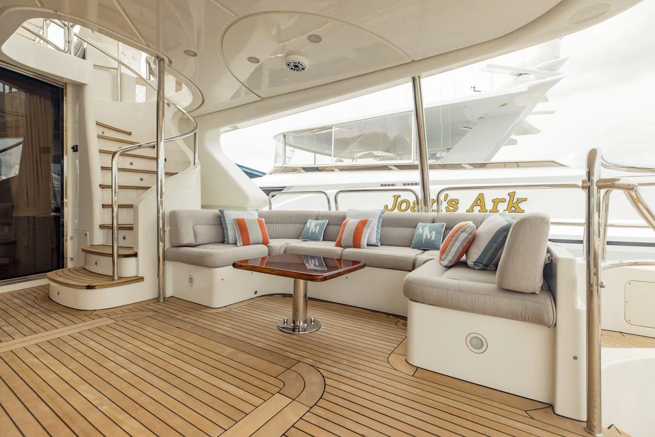 a living room with a large window aboard MAMMA MIA Yacht for Sale