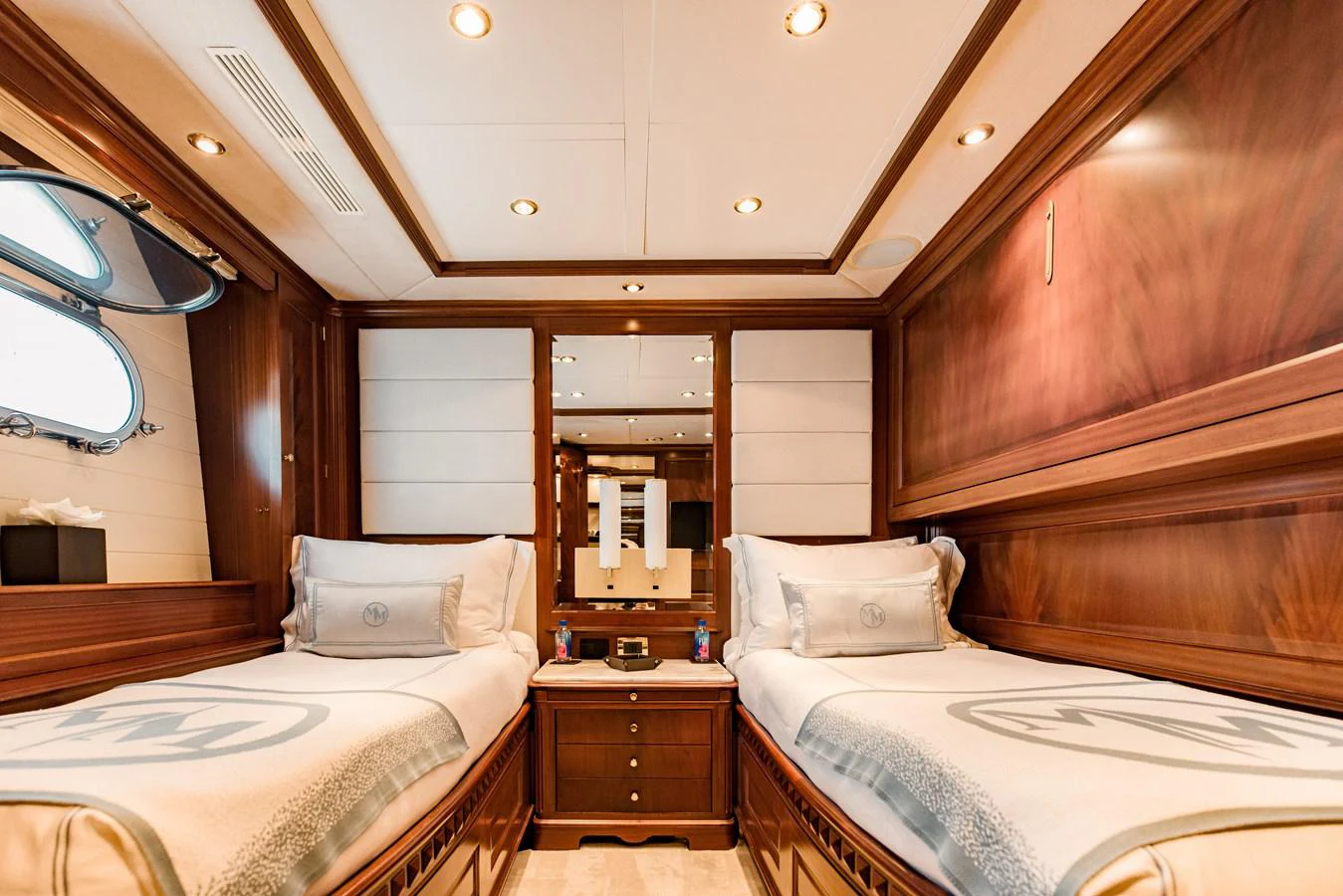 a room with two beds aboard MAMMA MIA Yacht for Sale