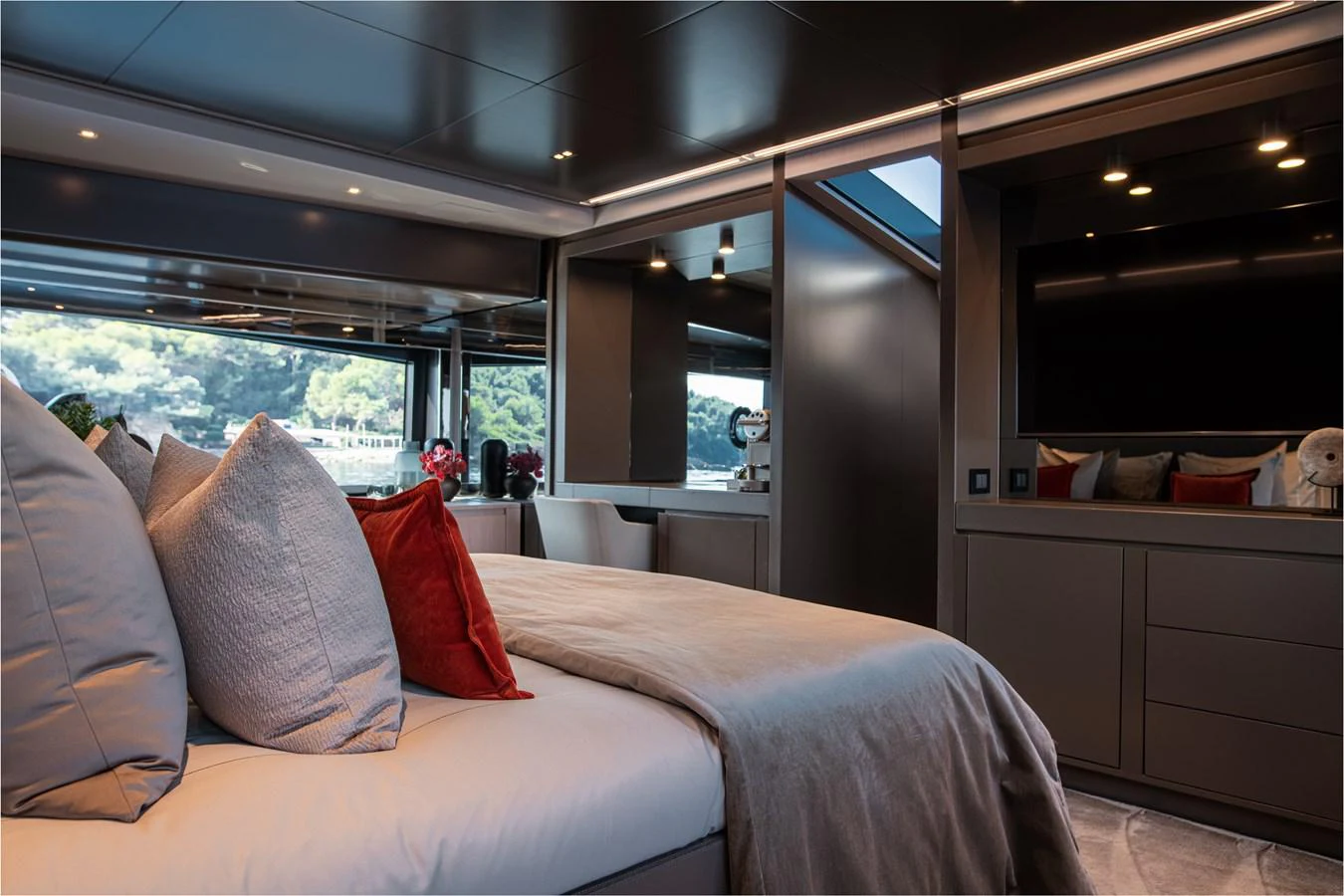 a bed in a room aboard O4 Yacht for Sale
