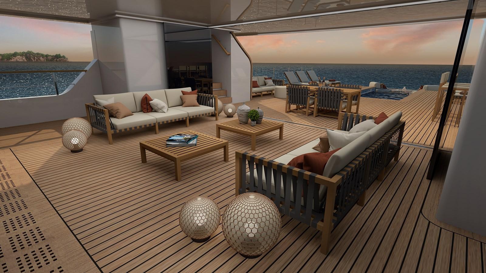 a living room with a large patio aboard BOW SPRIT Yacht for Sale