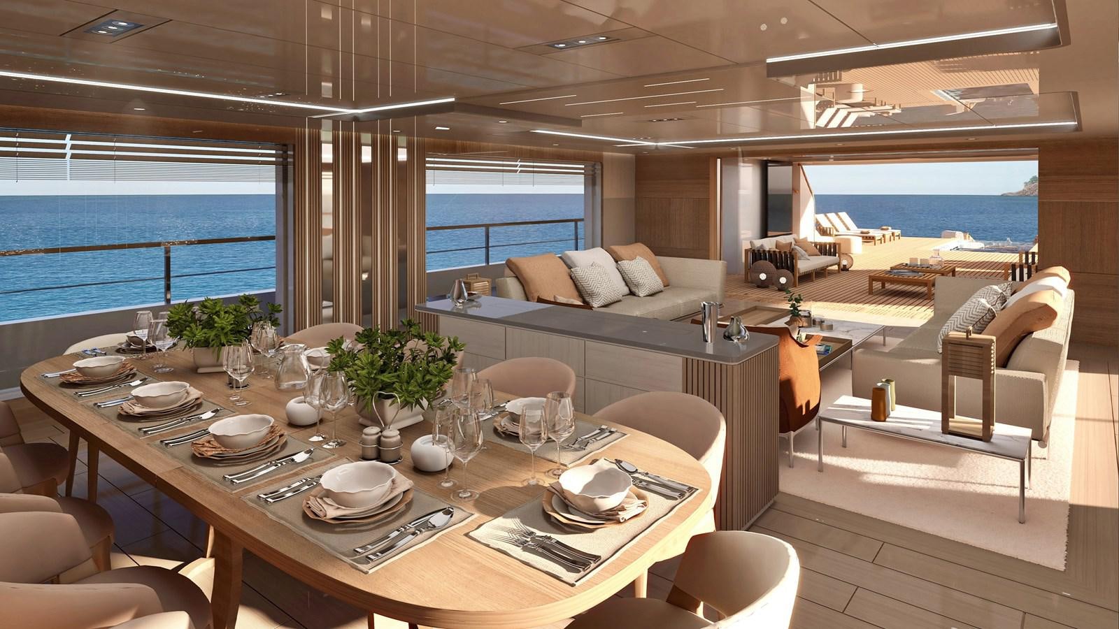 a large living room with a large table and chairs aboard BOW SPRIT Yacht for Sale