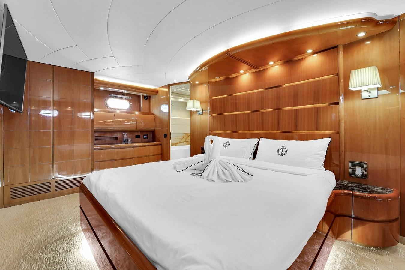 a bed in a room aboard STAMOS BIEN Yacht for Sale