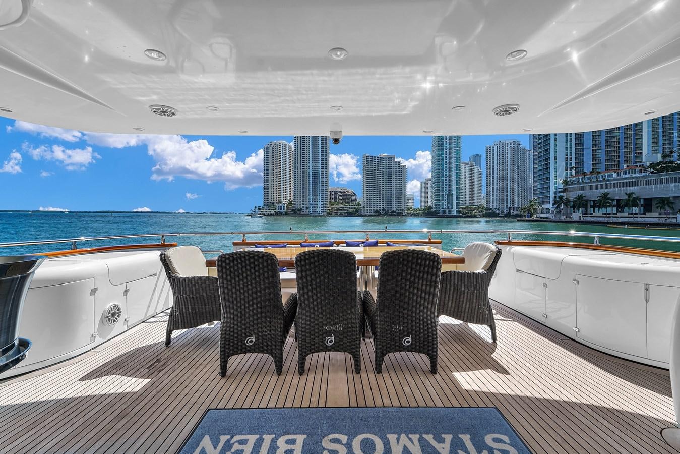 a large room with a table and chairs and a view of the water aboard STAMOS BIEN Yacht for Sale