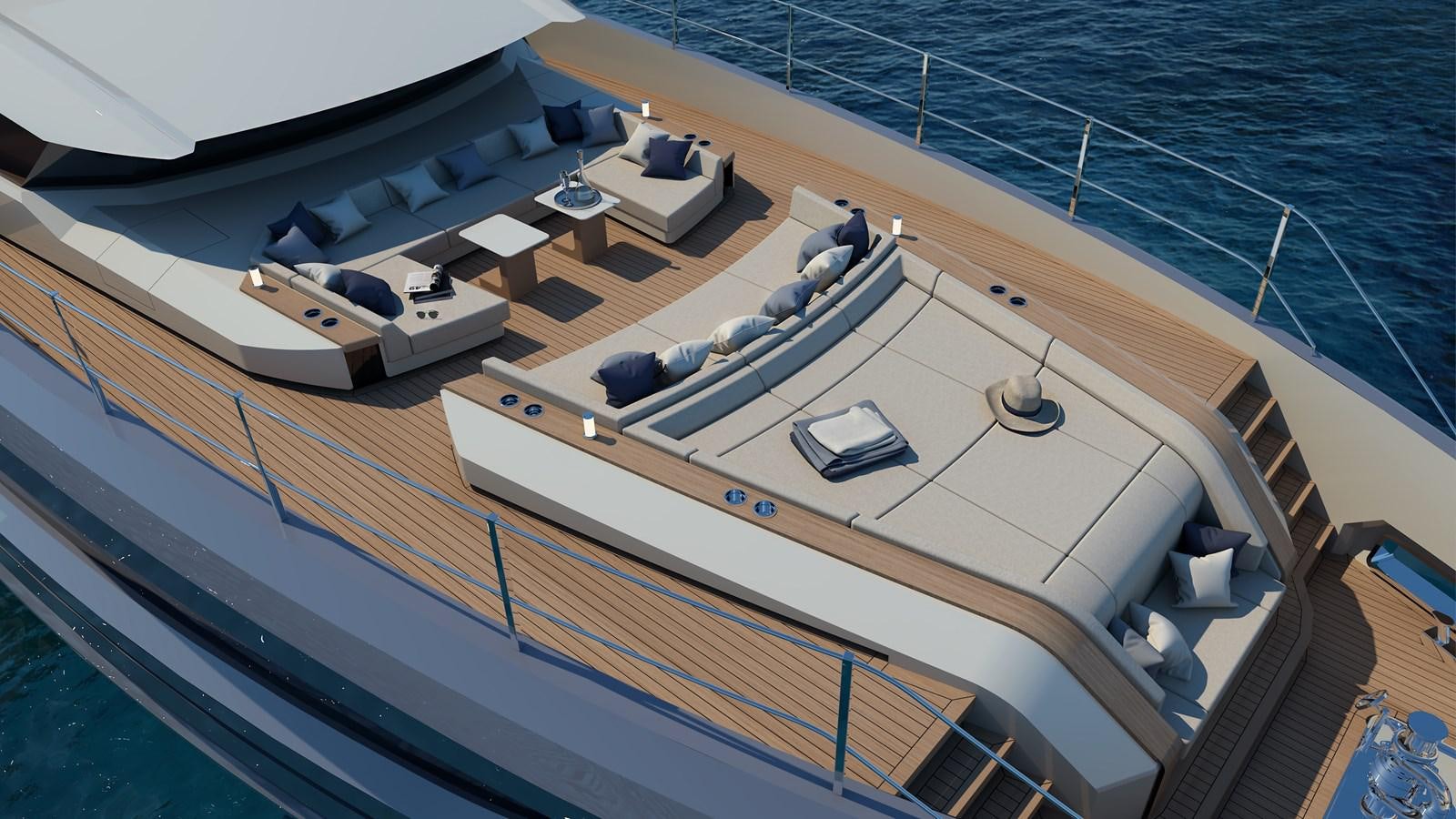 a large ship with a deck and a deck with chairs on it aboard VITTORIA VELOCE 32 RPH #01 Yacht for Sale