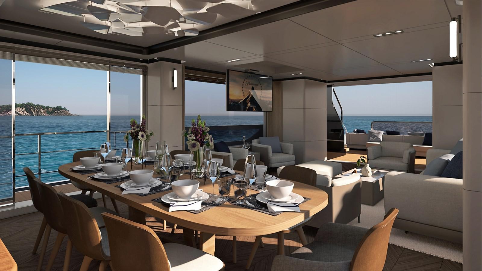 a dining table in a room with a large window aboard VITTORIA VELOCE 32 RPH #01 Yacht for Sale