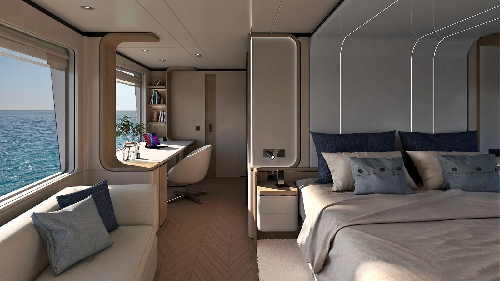 a room with a bed and a desk aboard VITTORIA VELOCE 32 RPH #01 Yacht for Sale